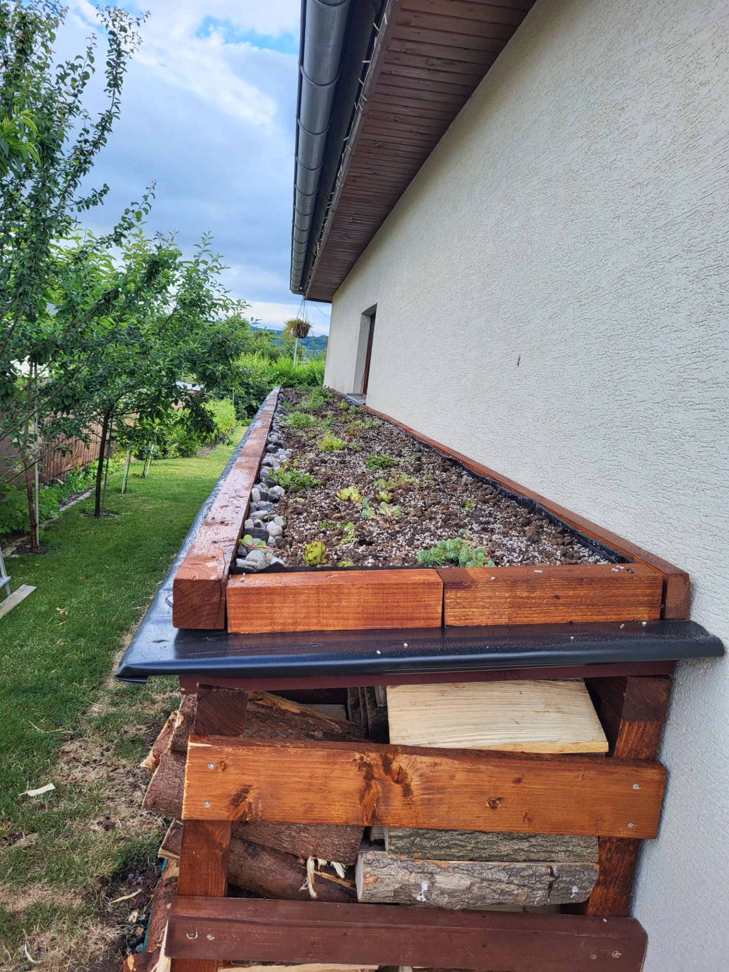 Dřevník se zelenou střechou